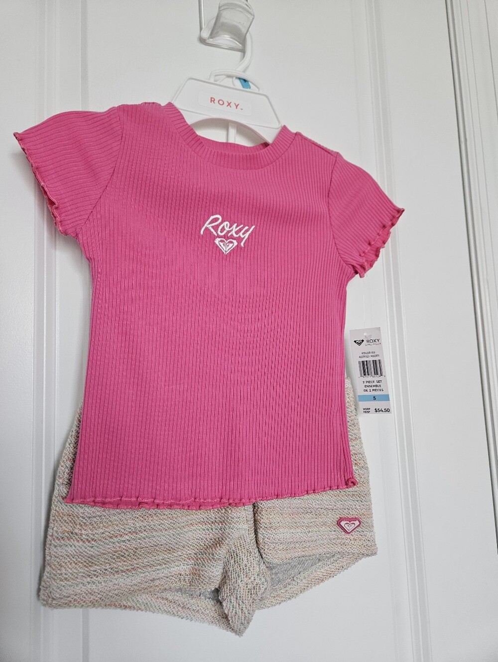 NWT Roxy Girl 2 Piece Set Pink Ribbed Top And Multi-Color Knit Shorts Sz 5